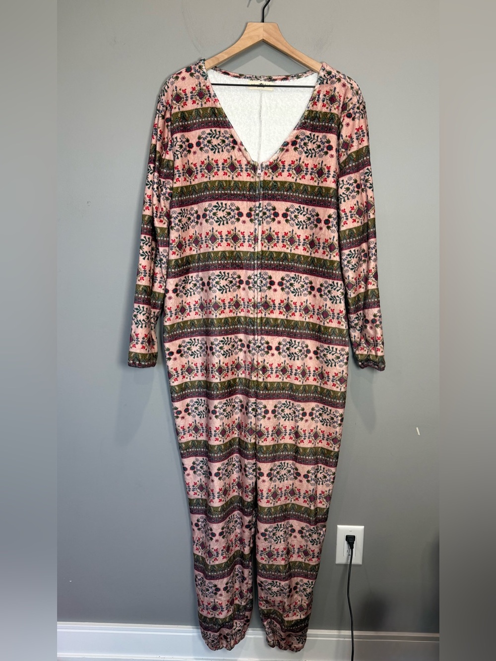 Natural Life Plush Fleece Hooded Jumpsuit Floral Boho One Piece L